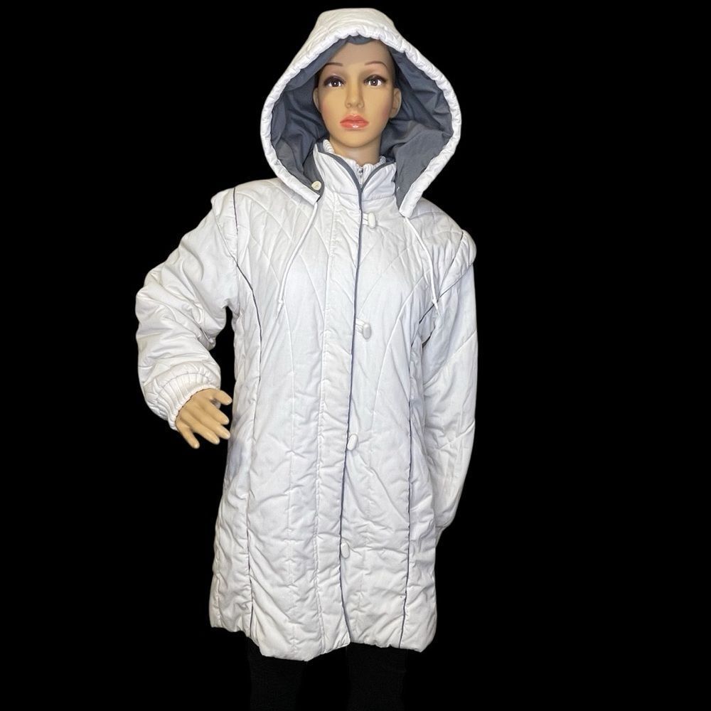 Vintage 80’s Saxton Hall Zipper And Button Puffer Coat White Gray Large